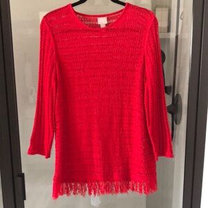 Chico’s 2 US L Red open knit 3/4 sleeve sweater summer beachy boho
